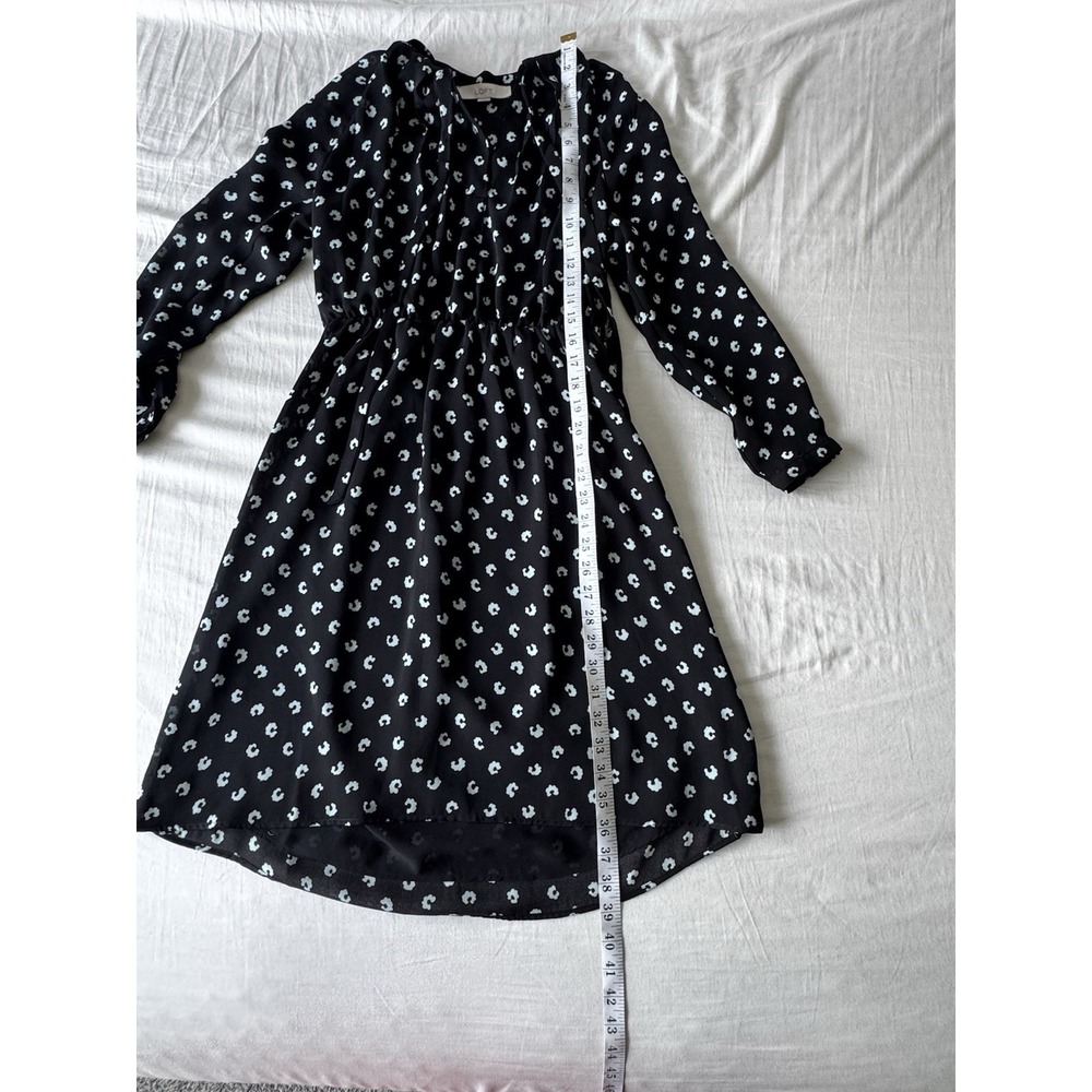 Loft Black Blue Printed Bow Tie Neck Puff Long Sleeve Fit & Flare Dress Sz 2 - Picture 2 of 9